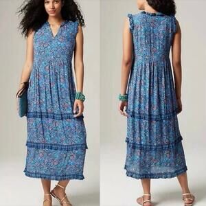J. JILL Women's Large Coastal Ruffle Boho Gauze Paisley Floral Tiered Maxi Dress